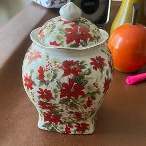 Floral winter Christmas holiday Ceramic canister with Lid ginger jar style